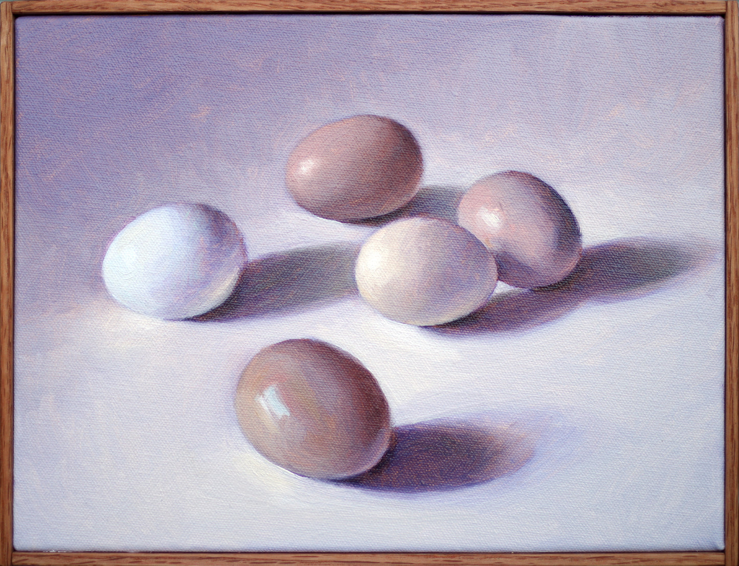 Original oil painting on canvas by James Bursenos 9 x 12 inches | Five Eggs in Space
