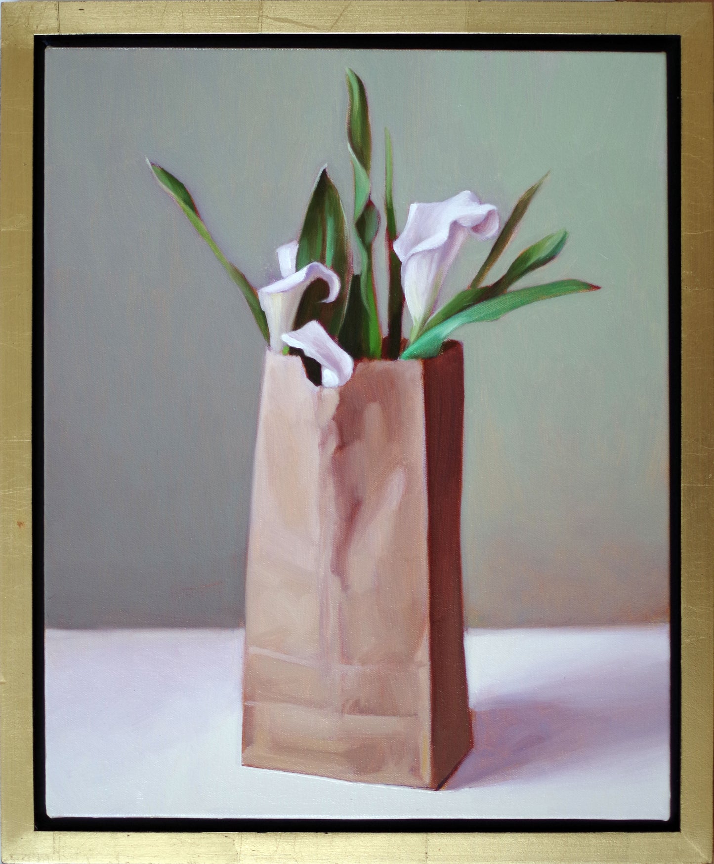 Original oil painting on canvas by James Bursenos 20 x 16 inches | Bag of White Calla Lillies