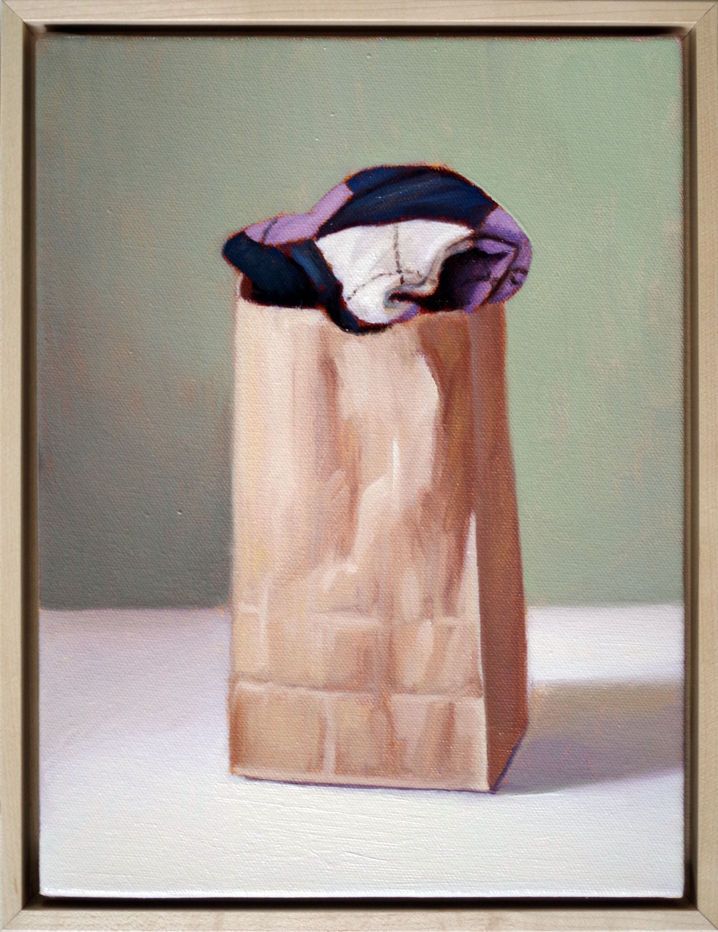 Original oil painting on canvas by James Bursenos 9 x 12 inches | Bag with Argyle Socks