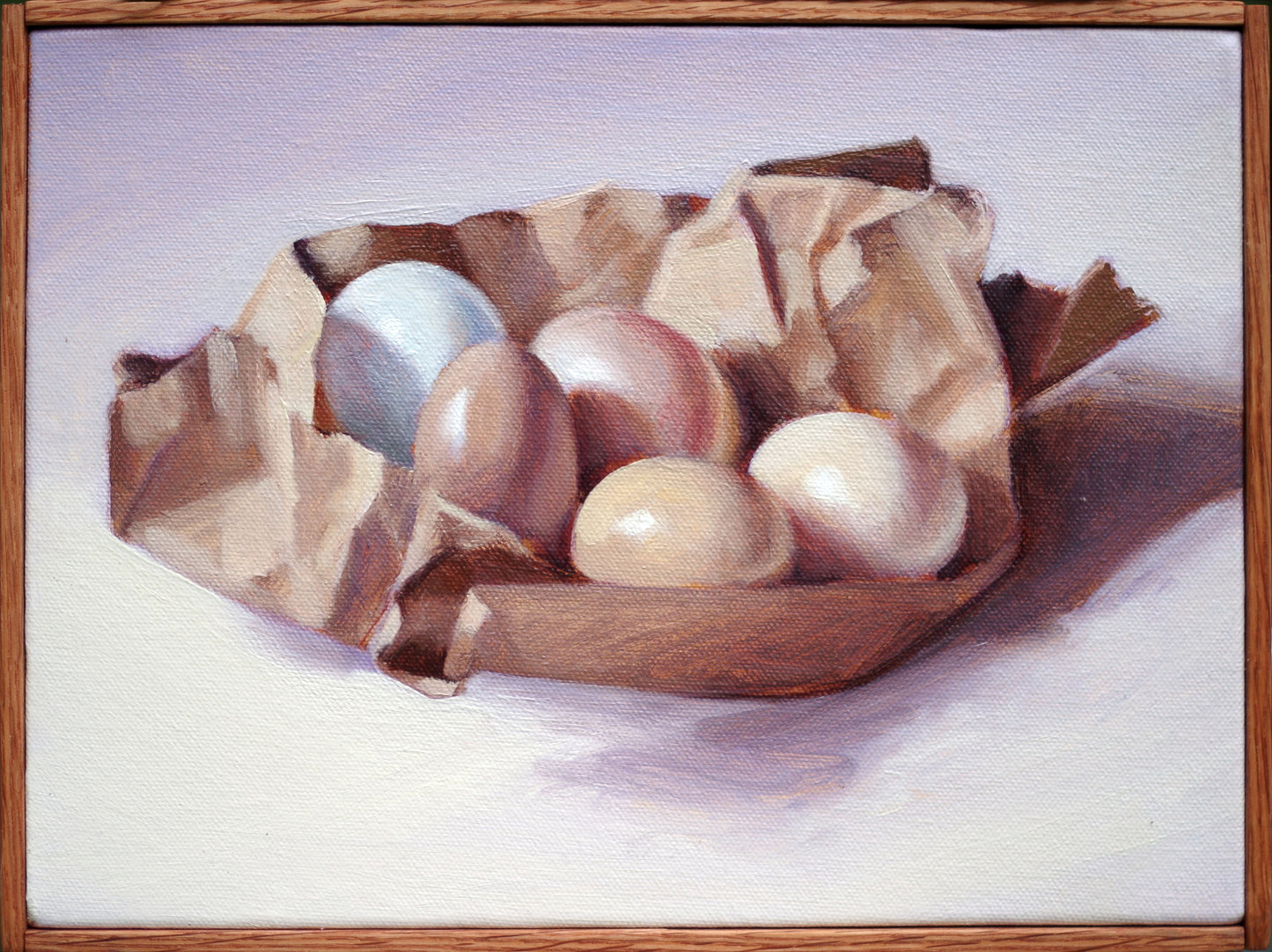 Original oil painting on canvas by James Bursenos 9 x 12 inches | Eggs in Paper no.7