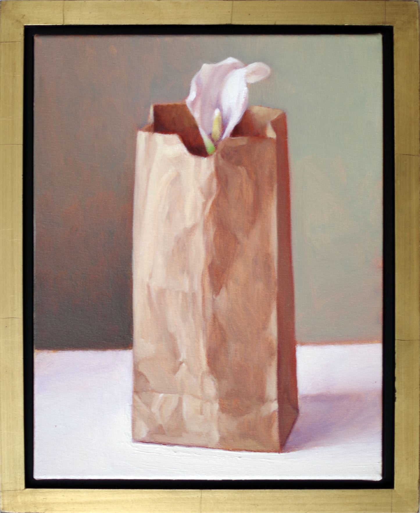 Original oil painting on canvas by James Bursenos 11 x 14 inches | One White Calla Lily in Paper Bag