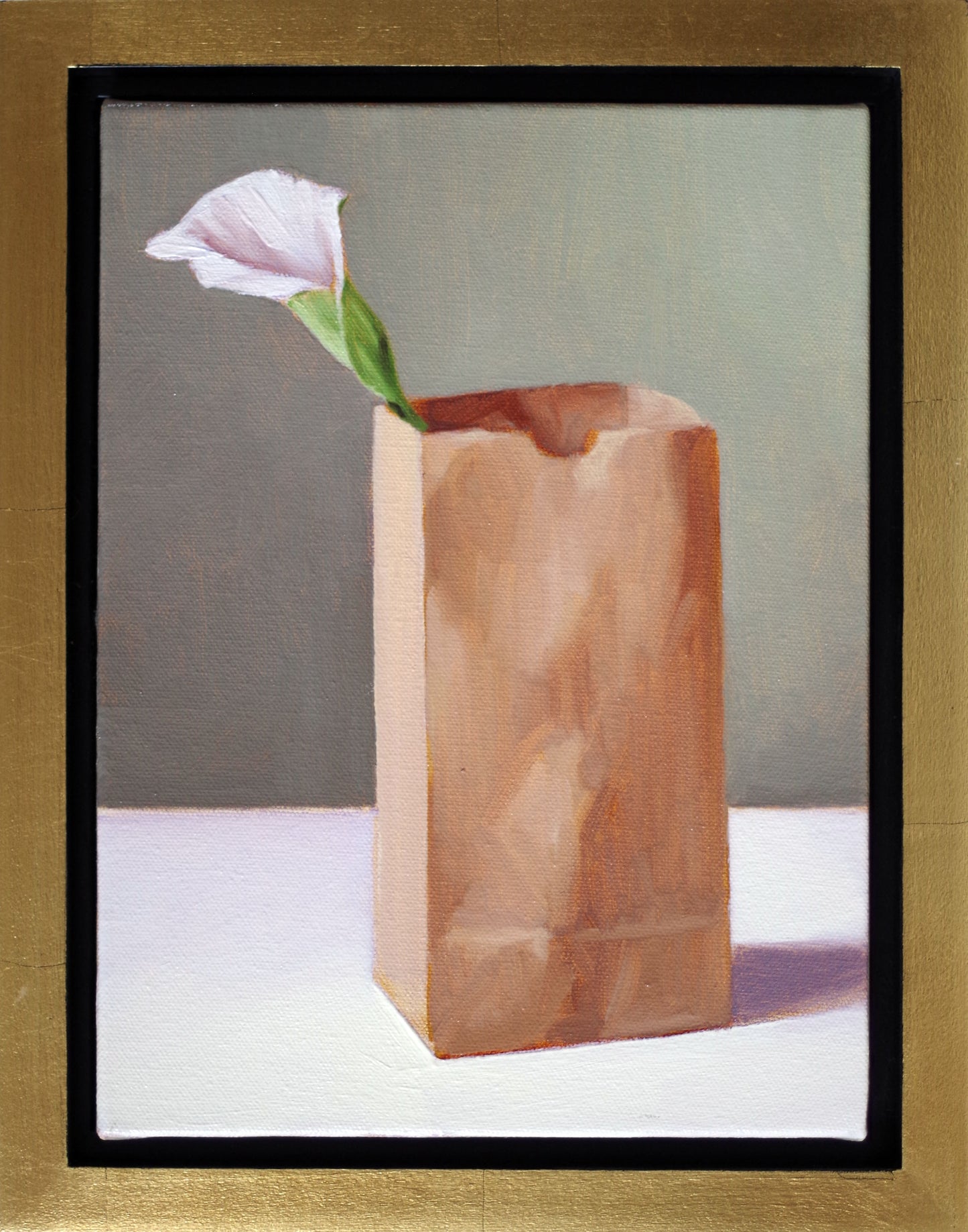 Original oil painting on canvas by James Bursenos 9 x 12 inches | Single White Calla Lily in Bag