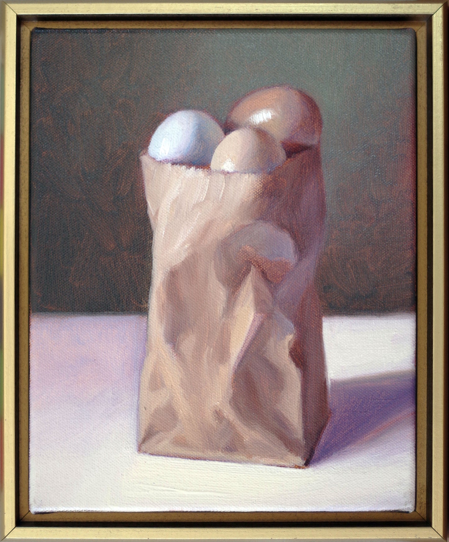 Original oil painting on canvas by James Bursenos 10 x 8 inches | Small Bag of Eggs