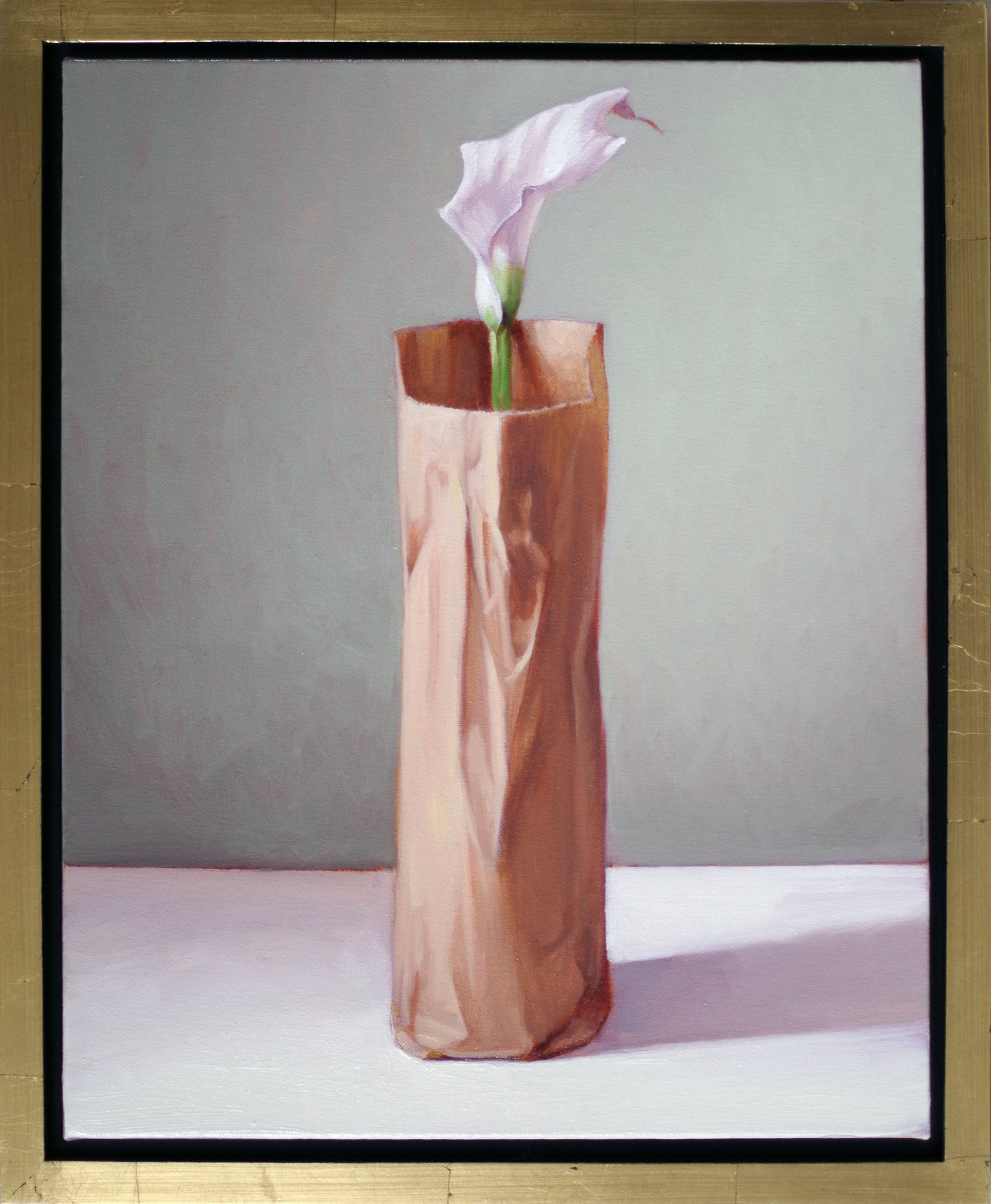 Original oil painting on canvas by James Bursenos 20 x 16 inches | Tall Bag with White Calla Lily