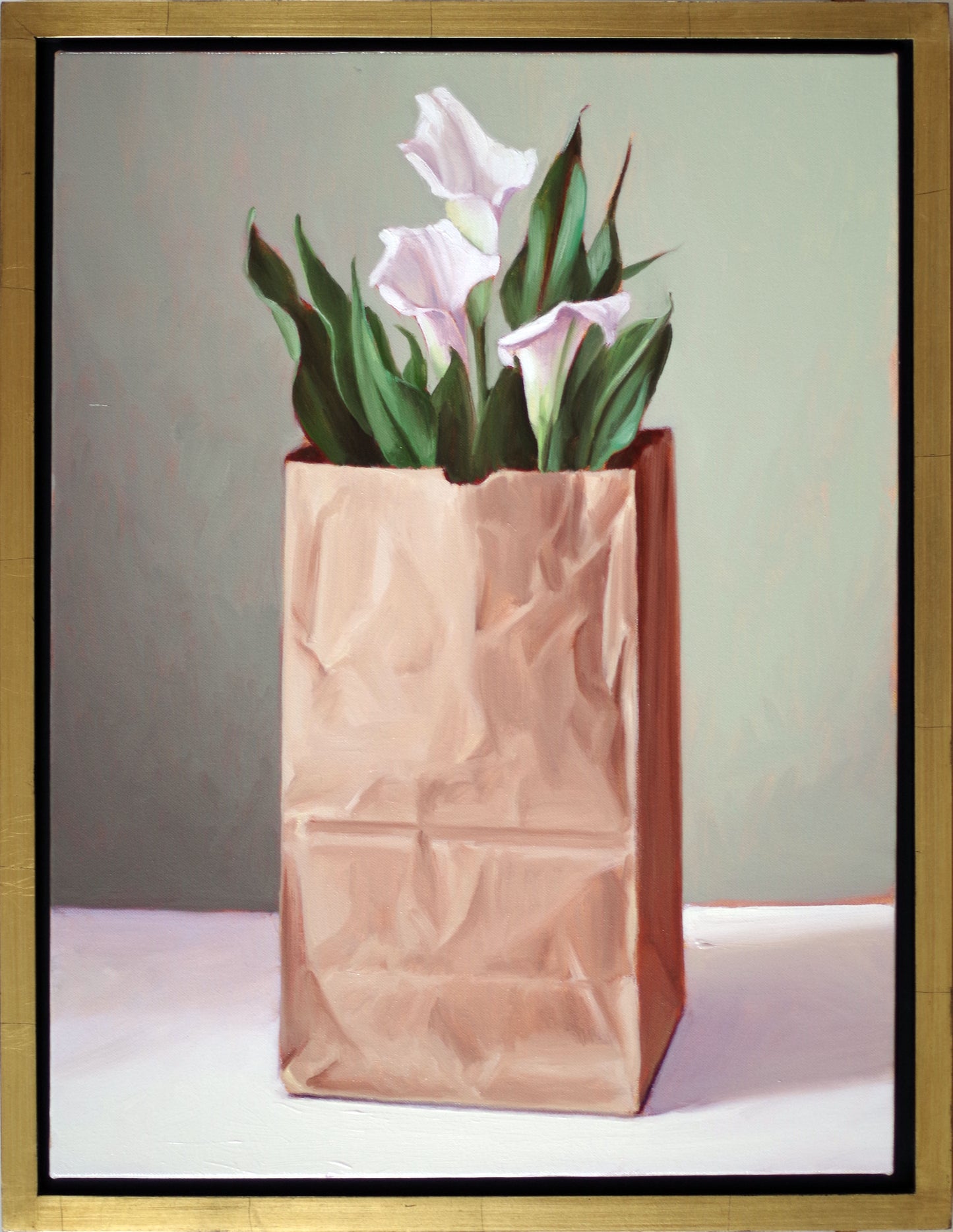 Original oil painting on canvas by James Bursenos 24 x 18 inches | Three White Calla Lillies in Large Paper Bag