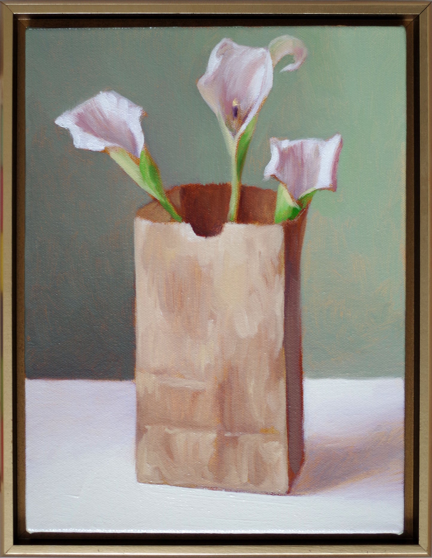 Original oil painting on canvas by James Bursenos 9 x 12 inches | Three White Calla Lilies in a Bag
