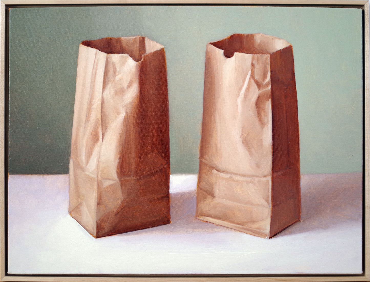 Original oil painting on canvas by James Bursenos 18 x 24 inches | Two Large Paper Bags
