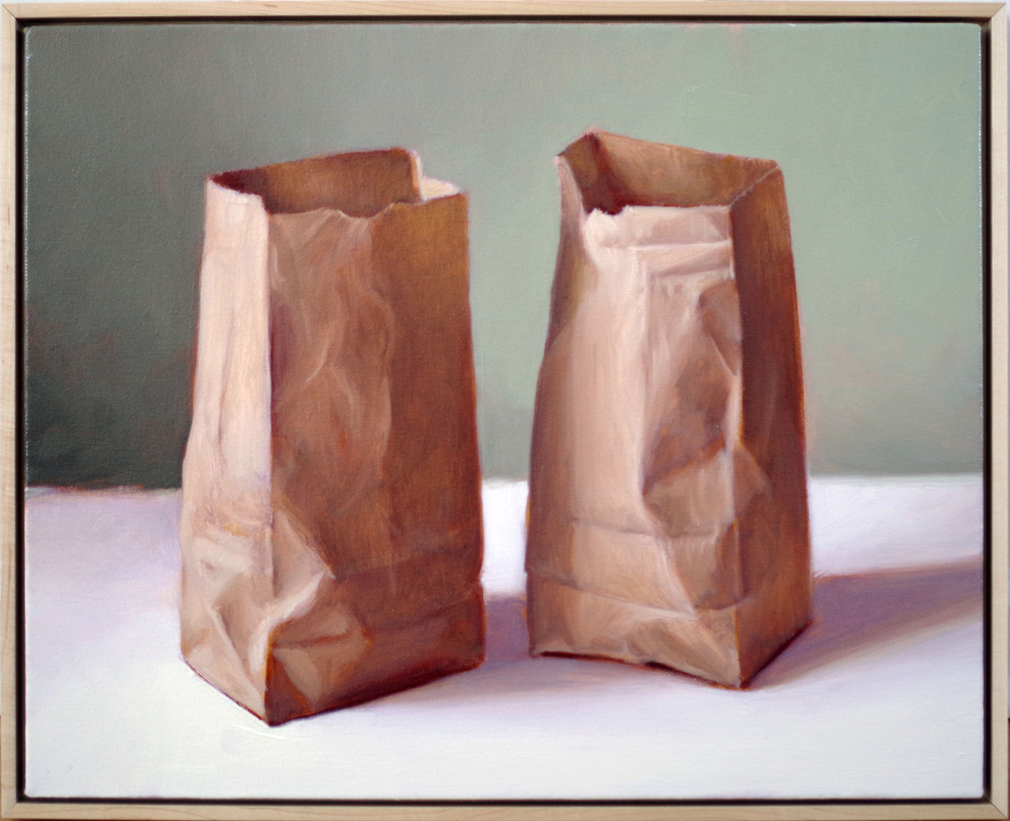 Original oil painting on canvas by James Bursenos 16 x 20 inches | Two Medium Paper Bags