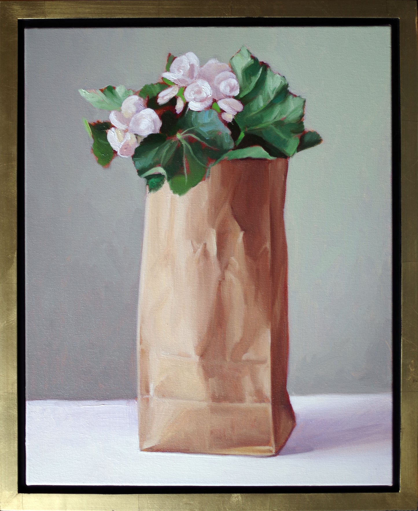 Original oil painting on canvas by James Bursenos 20 x 16 inches | White Begonias in Paper Bag no. 3