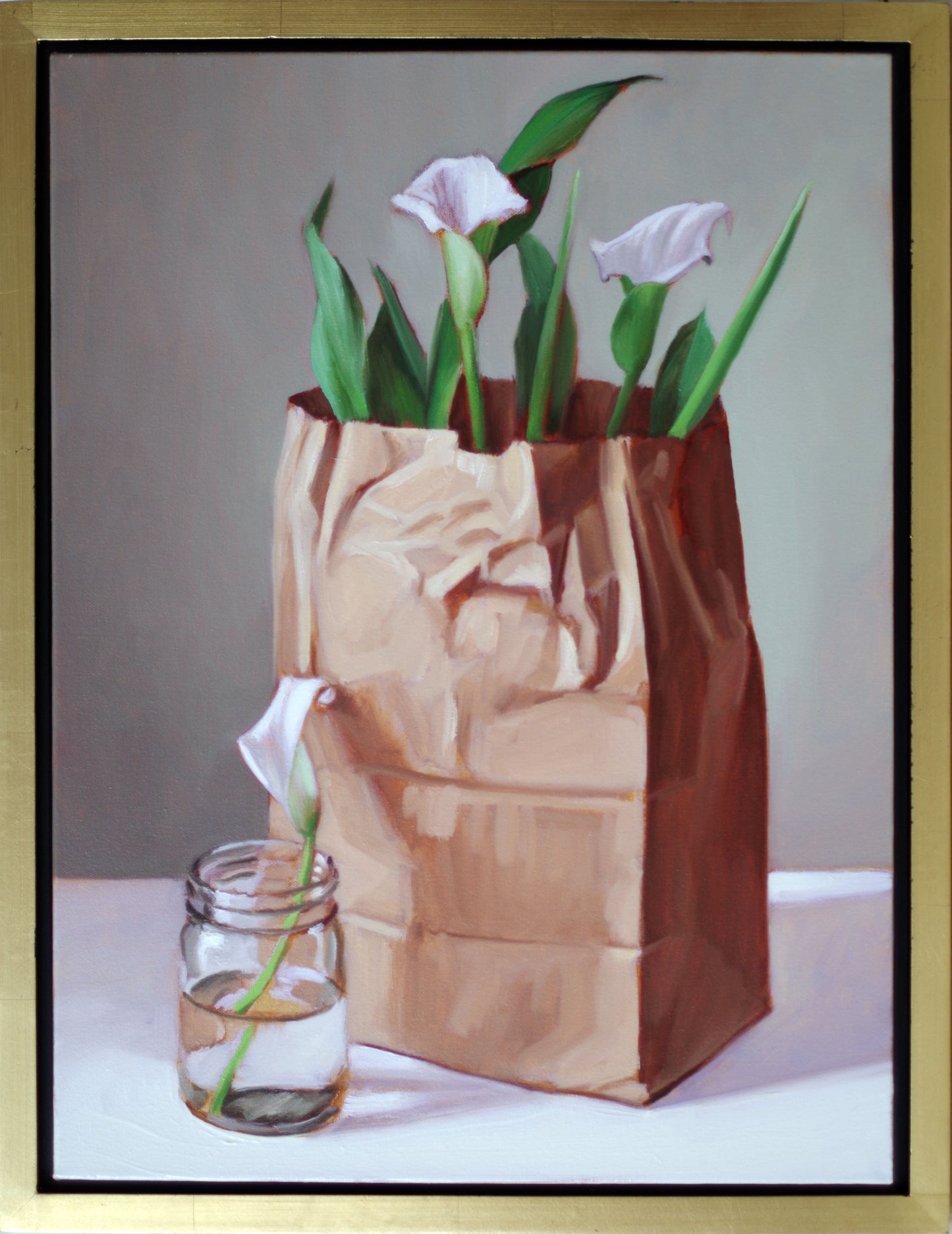 Original oil painting on canvas by James Bursenos 18 x 24 inches | White Calla Lilies with Bag and Jar