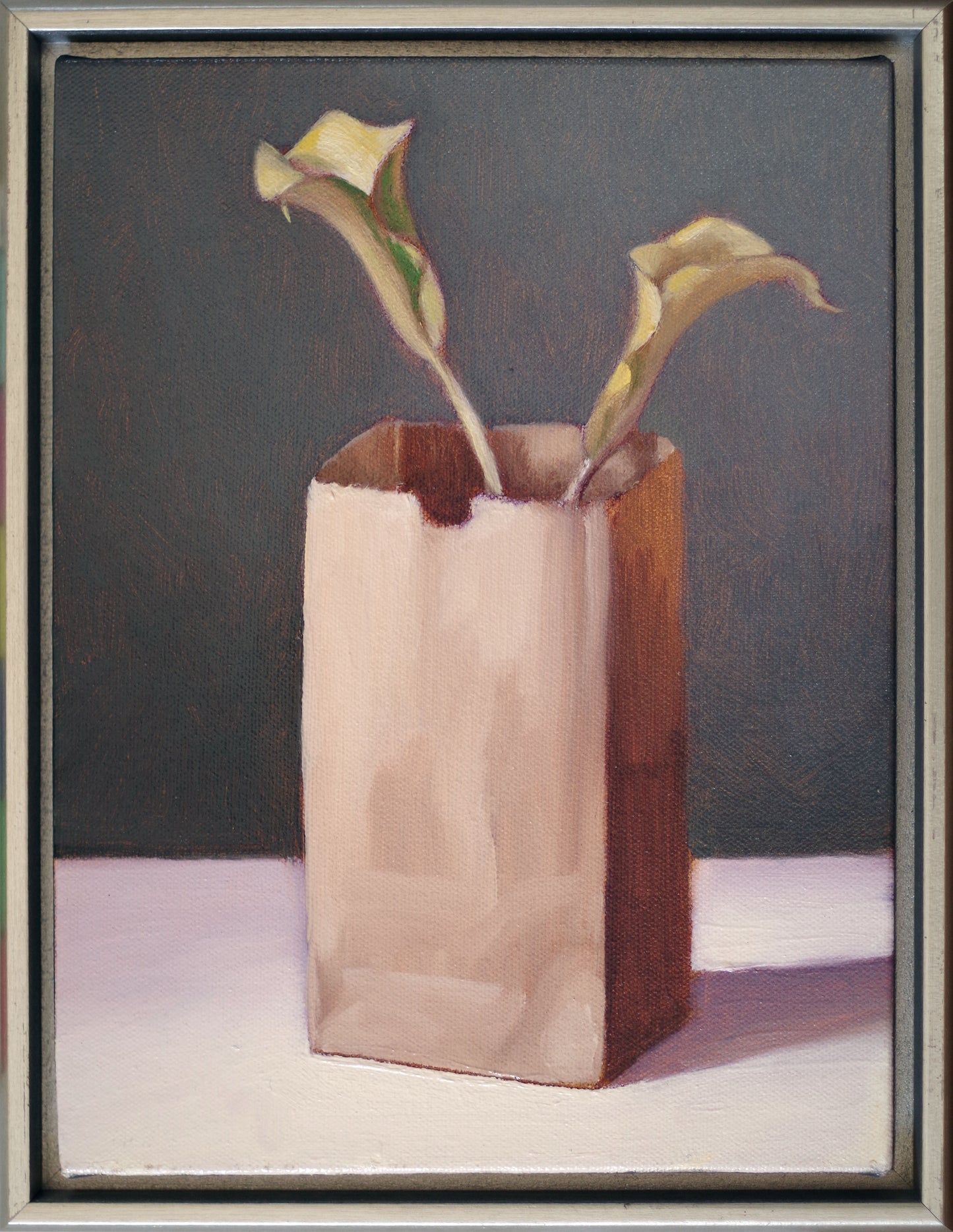 Original oil painting on canvas by James Bursenos 9 x 12 inches | Bag with Yellow Calla Lillies
