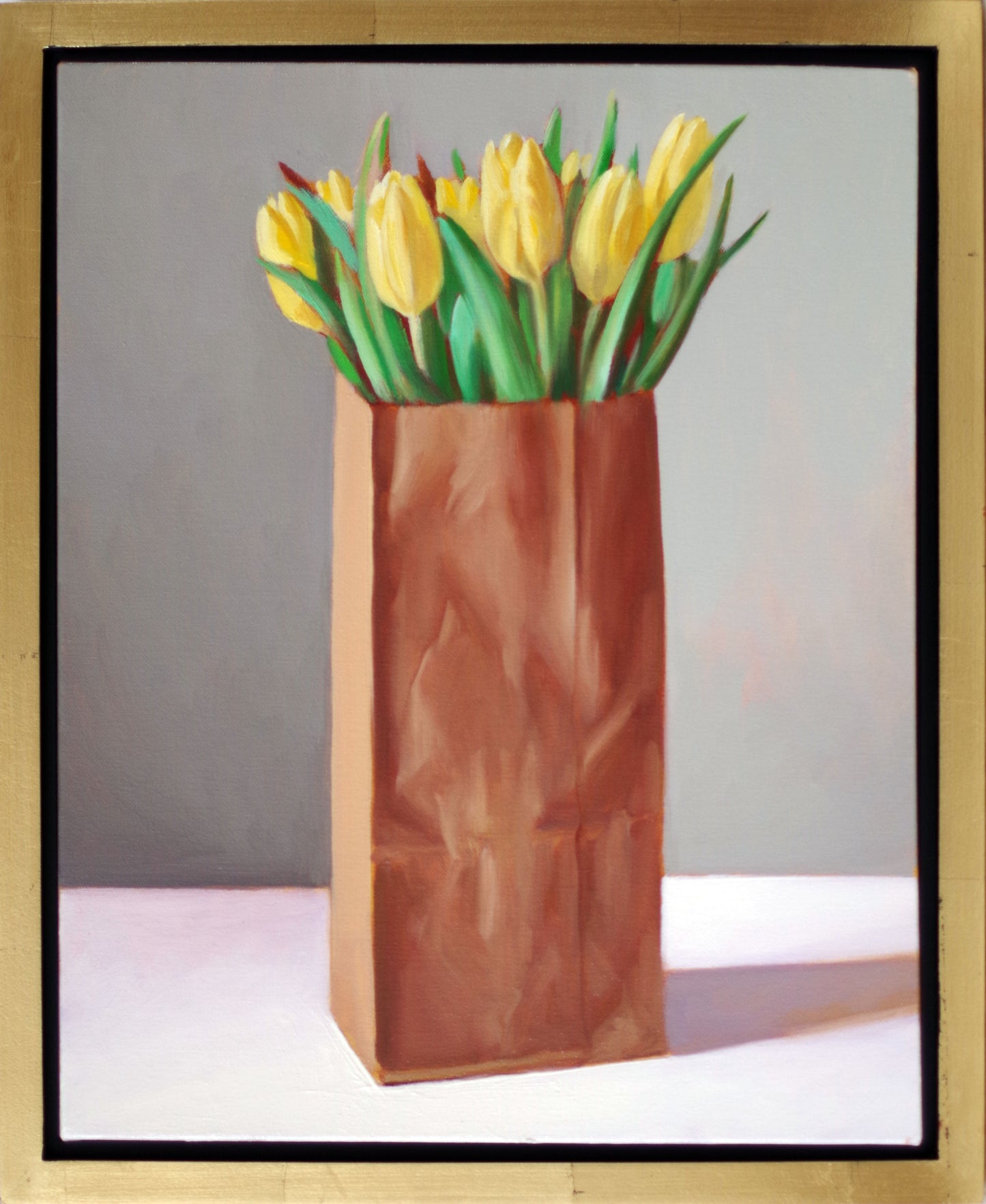 Original oil painting on canvas by James Bursenos 20 x 16 inches | Yellow Tulips in Tall Bag