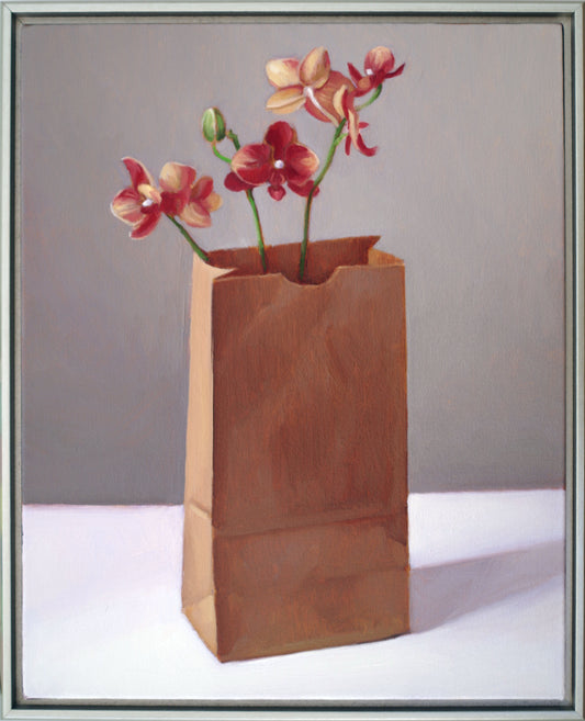 Original oil painting on canvas by James Bursenos 20 x 16 inches | Bag of Red Orchids