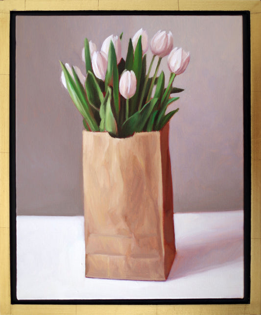 Original oil painting on canvas by James Bursenos 20 x 16 inches | Bag of White Tulips 16 x 20