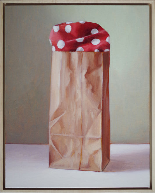 Still Life Painting 16x20 Oil on Canvas | Paper Bag with Red and White Cloth