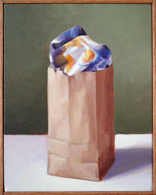 Still Life Painting of Tie Dye in a Brown Bag | 11 x 14 inches