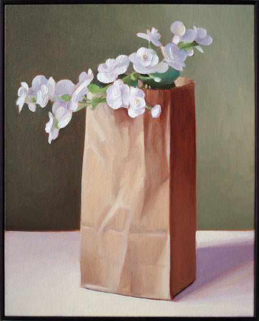 Original oil painting on canvas by James Bursenos 20 x 16 inches | Bag with White Begonias no.3