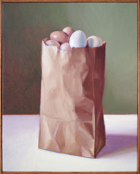 Realist Still Life Painting Eggs in Brown Bag - Oil on Canvas, 16x20 in. | Large Bag with Eggs