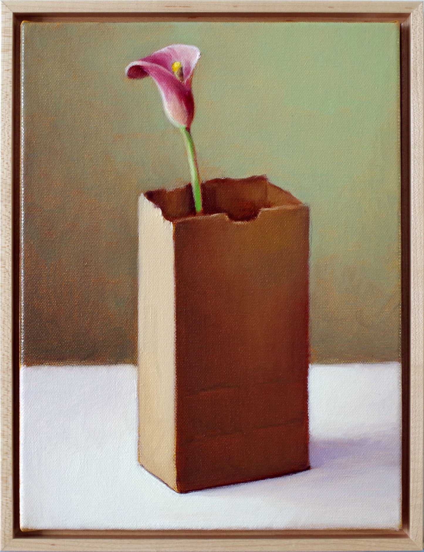 Original Oil Painting on Canvas, Framed (9x12) | Brown Bag with Flower