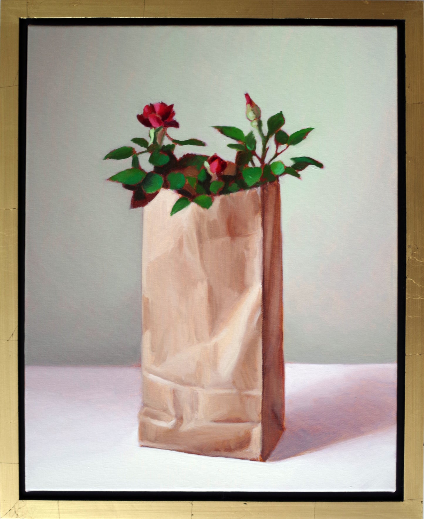 Still Life Painting 16x20 Oil on Canvas | Red Roses in Paper Bag
