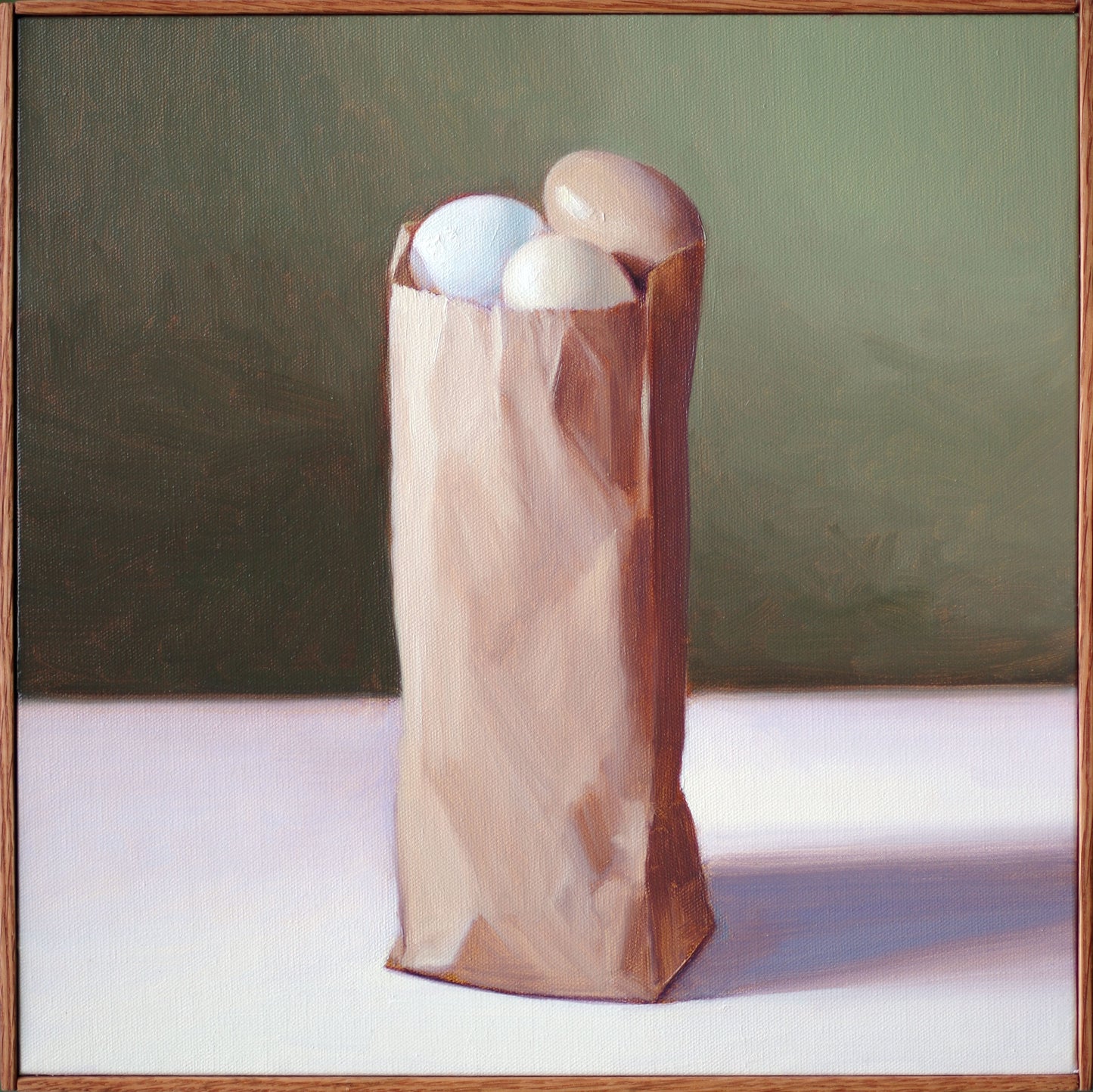 Brown Paper Bag Still Life - Oil Painting on Canvas, 12x12 in | Small Bag with Eggs