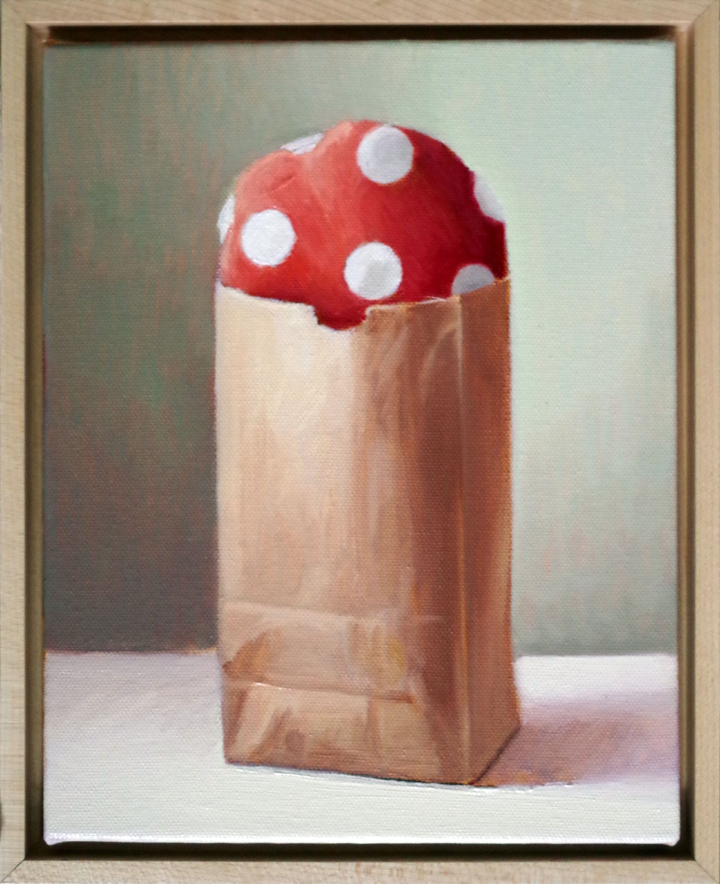 Original oil painting on canvas by James Bursenos 8 x 10 inches | Small Bag with Red and White Cloth