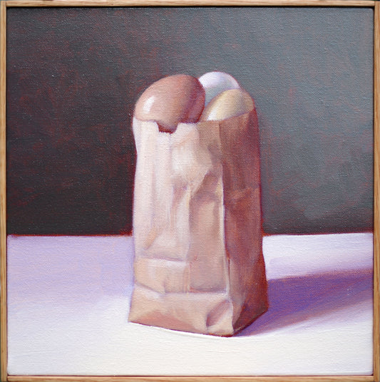 Still Life Painting of Paper Bag with Eggs - Oil on Canvas | Tiny Bag with Eggs