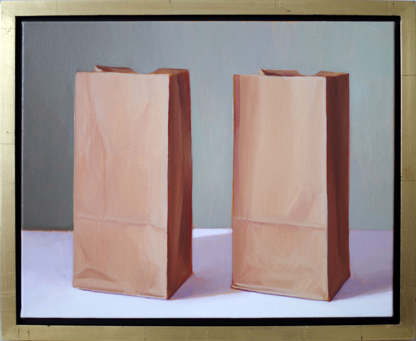 Original oil painting on canvas by James Bursenos 20 x 16 inches | Two Bags Facing Left