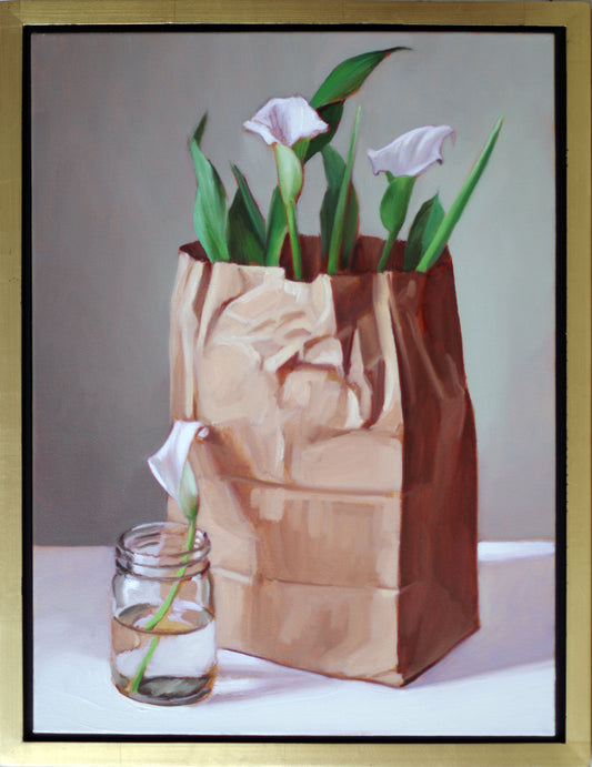 Original oil painting on canvas by James Bursenos 18 x 24 inches | White Calla Lilies with Bag and Jar